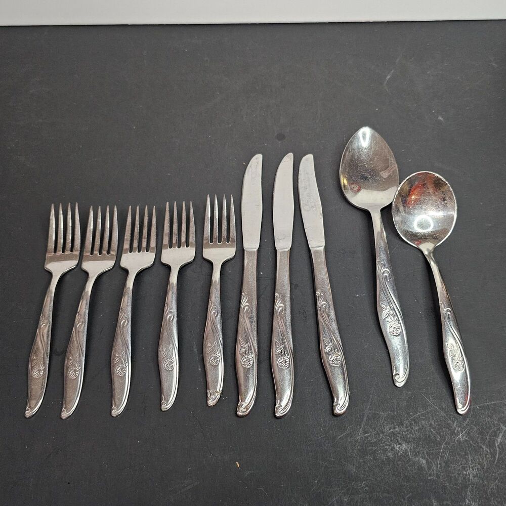 Utica UTI-1 Rose Scroll Cut Co Stainless Flatware Set of 10 Asst Forks Knives